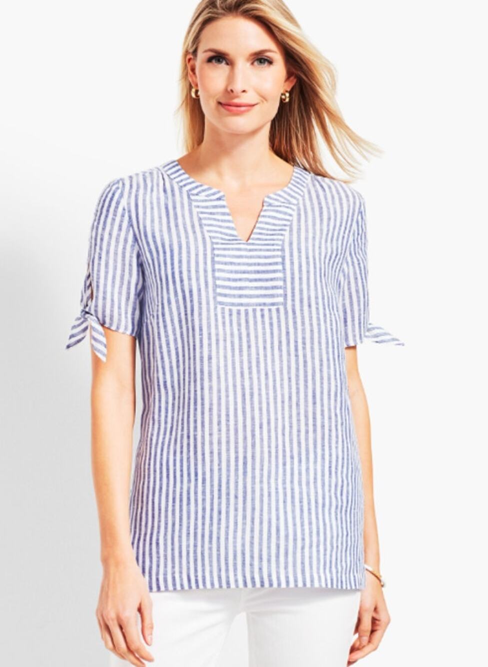 Talbots Womens Stripe Linen Tie-Sleeve Shirt Blue White Size Large Coastal